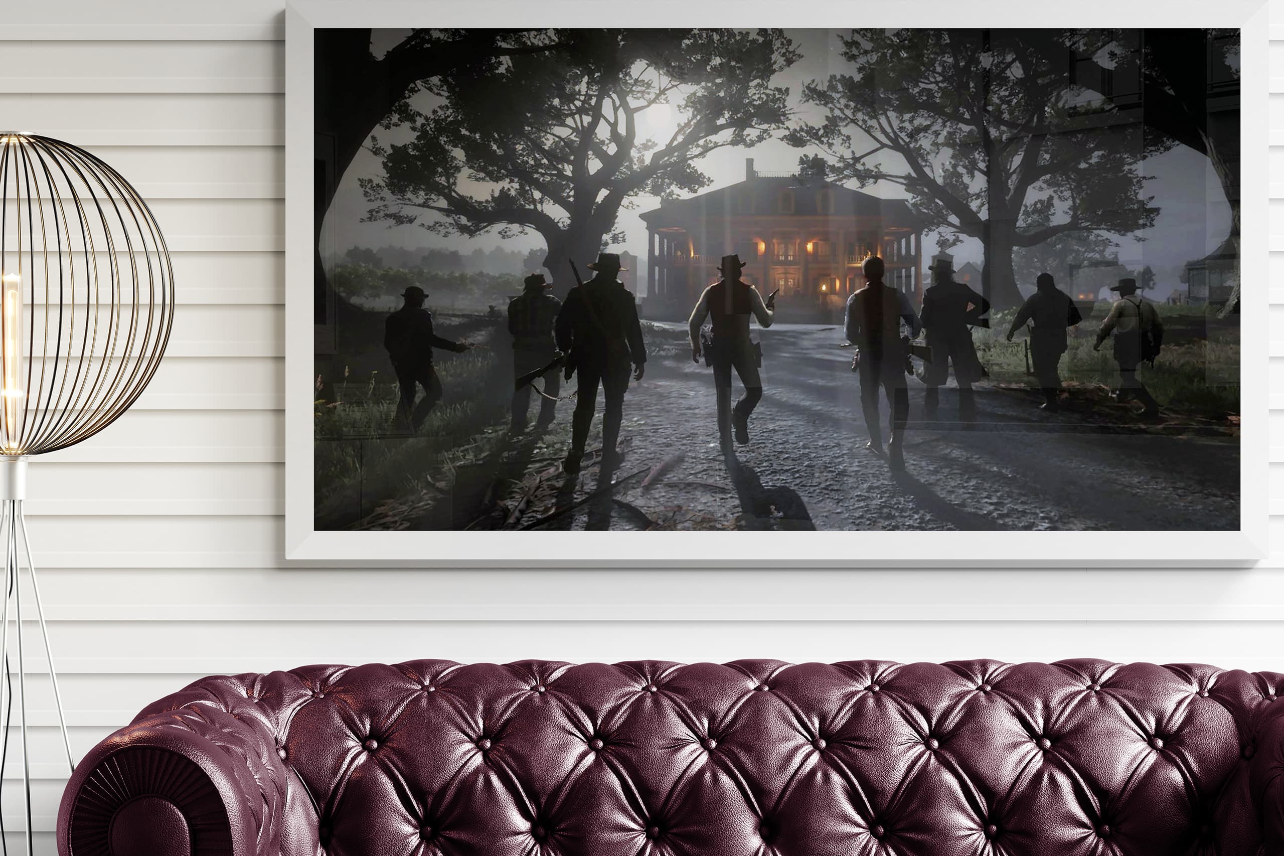 A gaming screenshot printed and hung on a wall